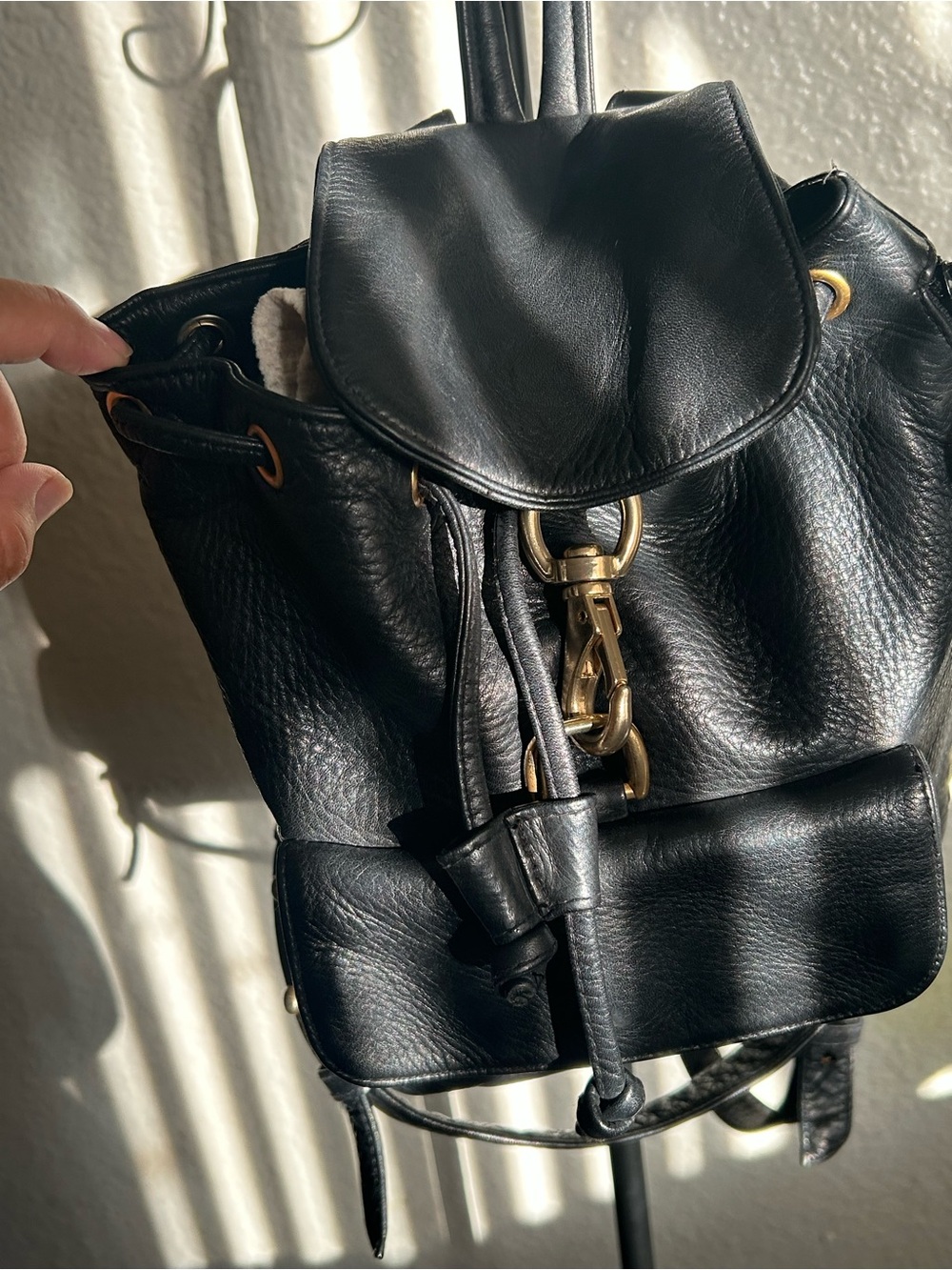 Bloomingdale's Black Leather Drawstring Tote with Gold Plate
